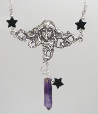 Sterling Silver Woman Maiden of the Morning Star Necklace With Amethyst And Black Stars